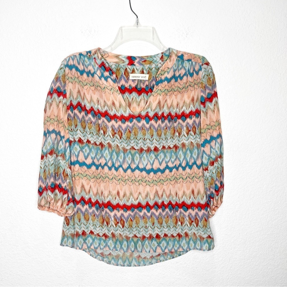 Amour Vert 100% Silk Popover Striped Blouse Top Rainbow
